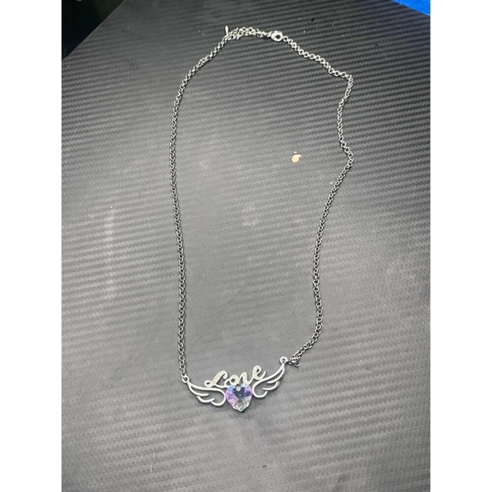 Silver Tone Angel Wings Love Heart Necklace Rainbow AB Crystal Rhinestone Pendan